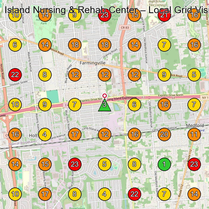 Island Nursing & Rehab Center Nursing Home GeoGrid ranking map for Holtsville NY
